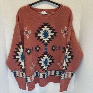 Women's Sweater Large Aztec Print Pink Cozy Vintage Style Vanilla Bay‎